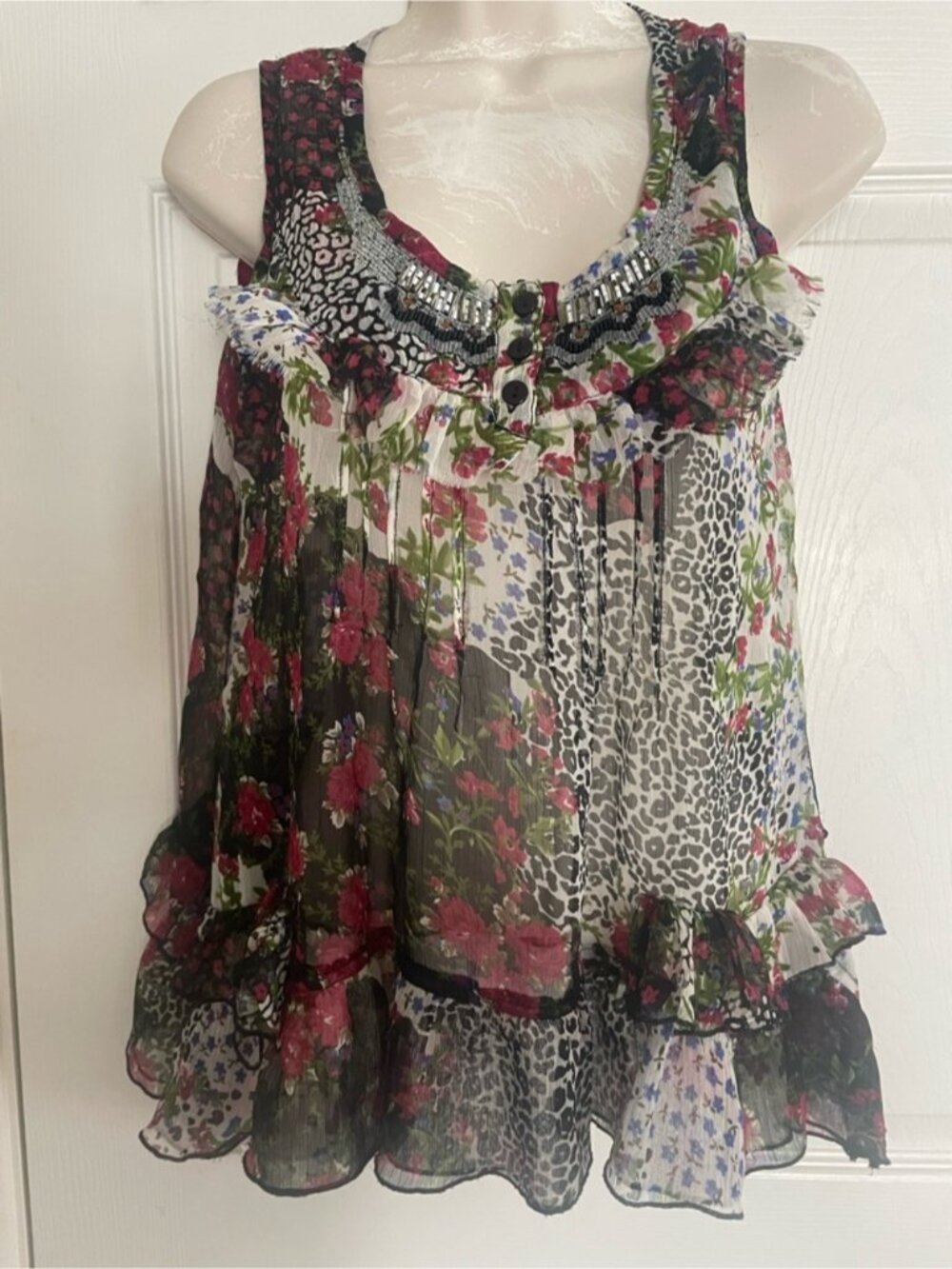Solitaire Multicolor Boho Floral & Leopard Ruffle Camisole